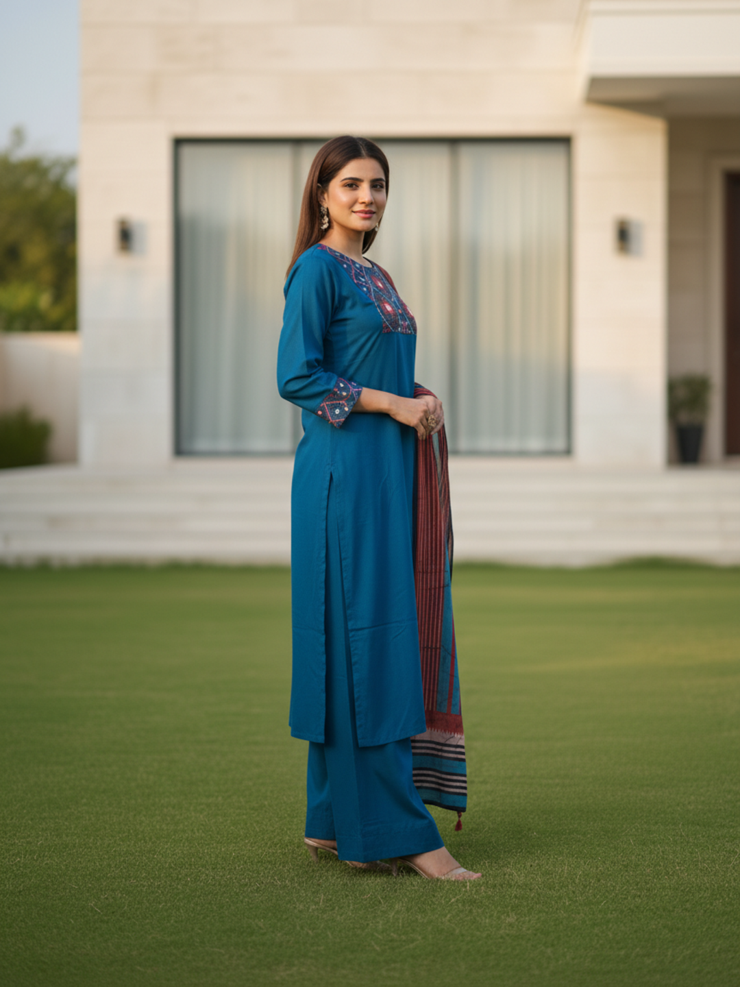 Ethnic Printed Embroidered A-Line Kurta with Pant & Dupatta - Navy Blue