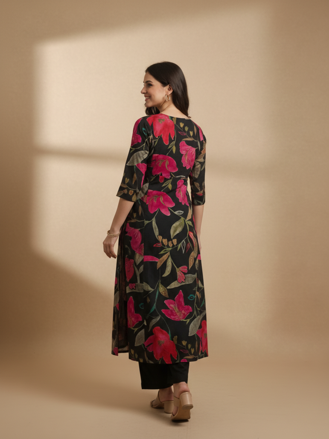 Floral Printed Embroidered A-Line Kurta - Black
