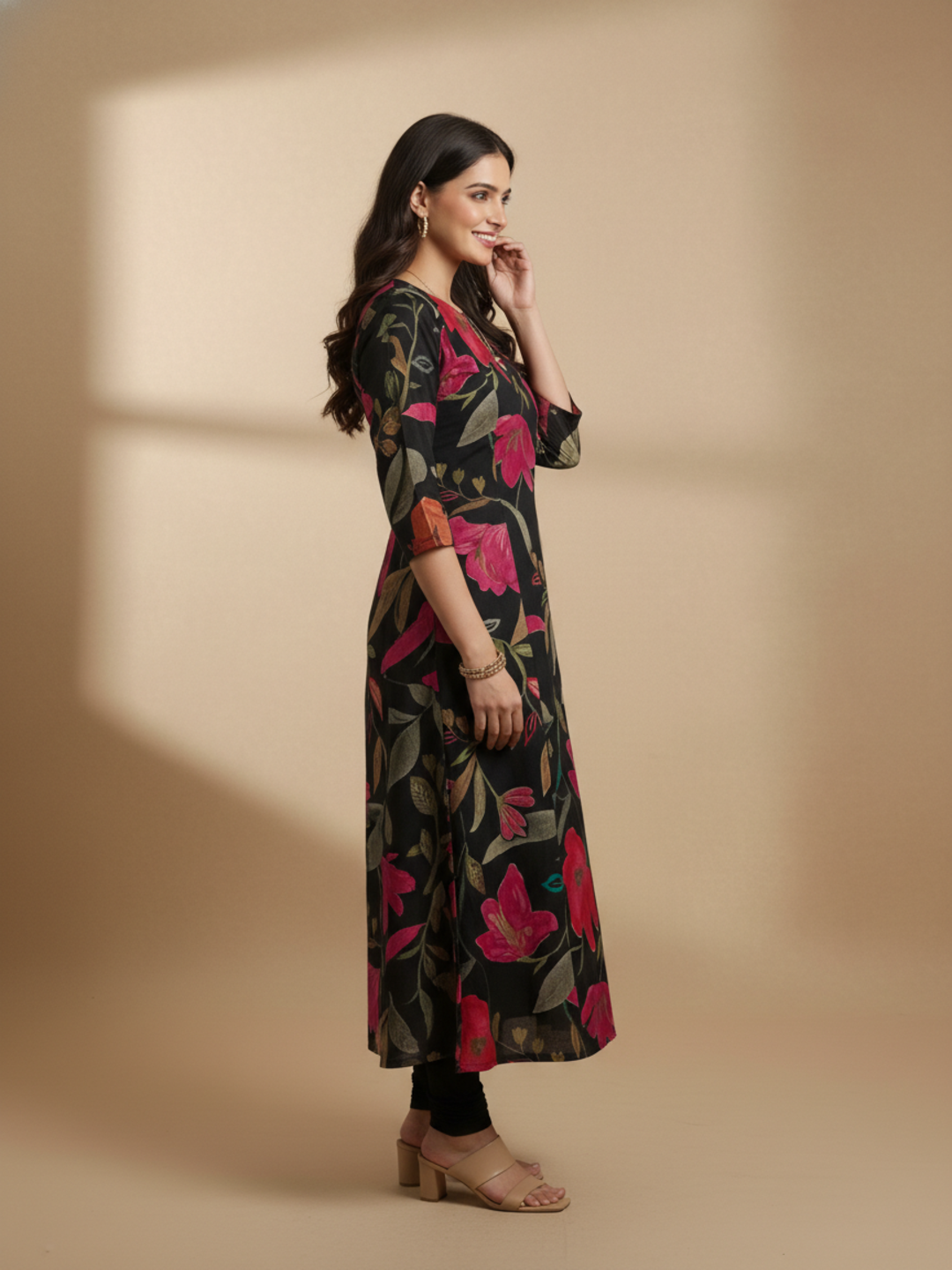 Floral Printed Embroidered A-Line Kurta - Black