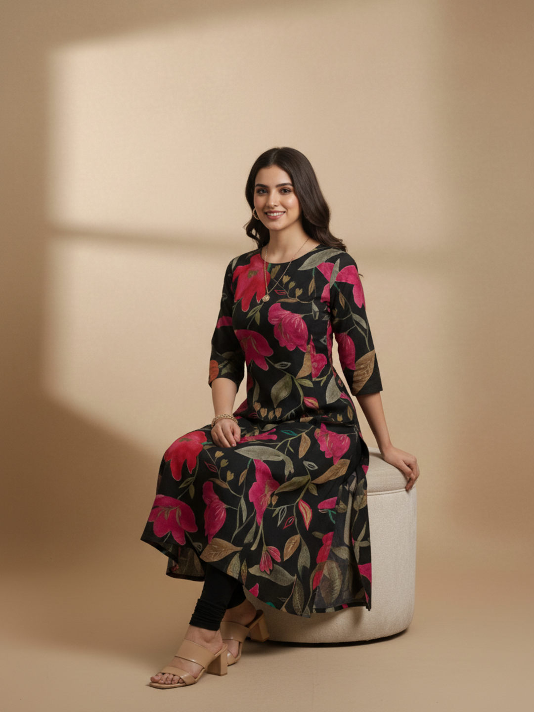 Floral Printed Embroidered A-Line Kurta - Black