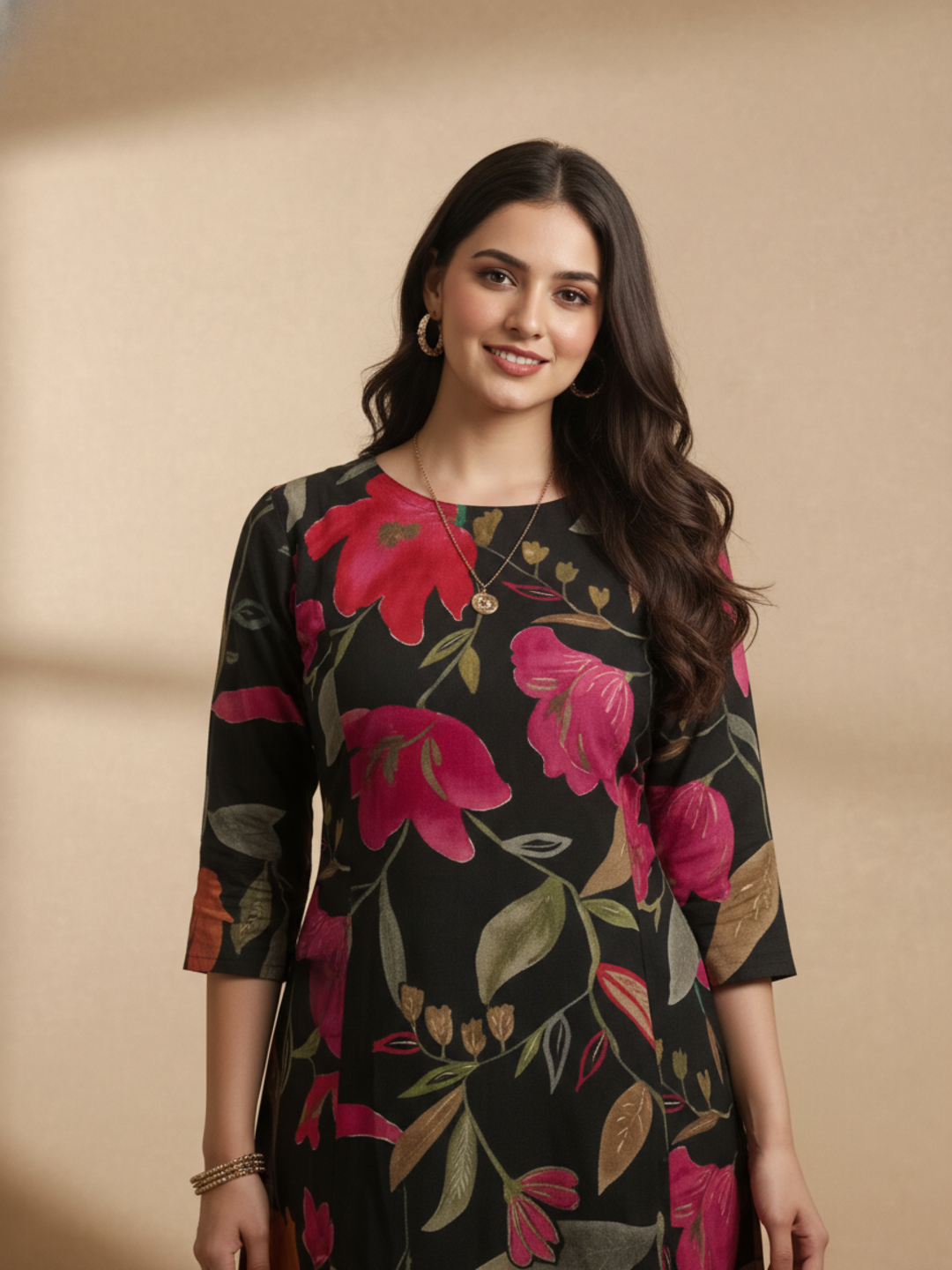 Floral Printed Embroidered A-Line Kurta - Black
