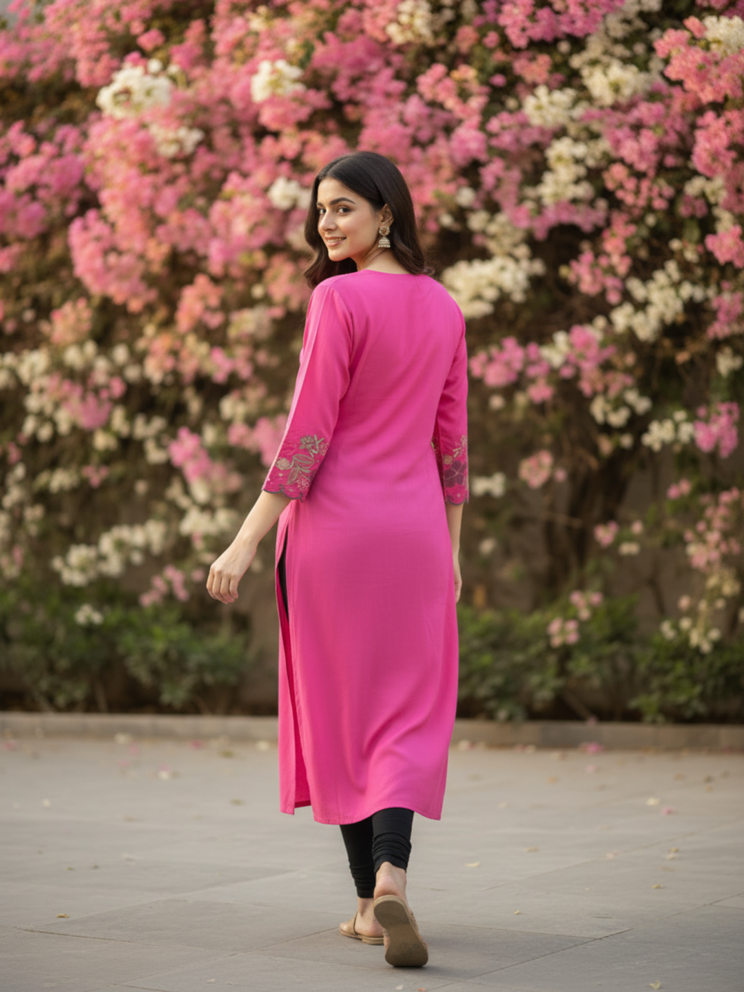 Solid Floral Embroidered Straight Kurta - Magenta