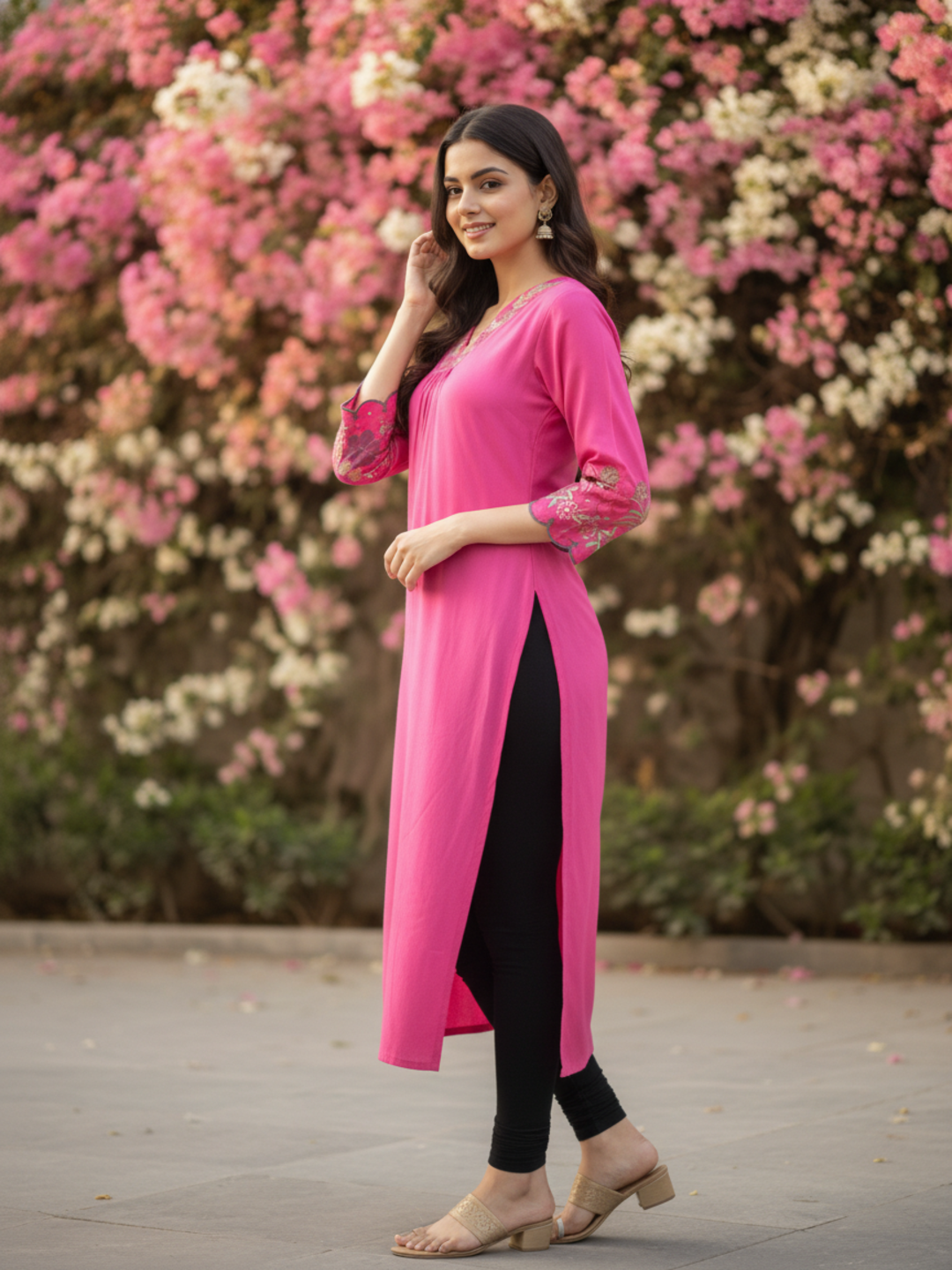 Solid Floral Embroidered Straight Kurta - Magenta