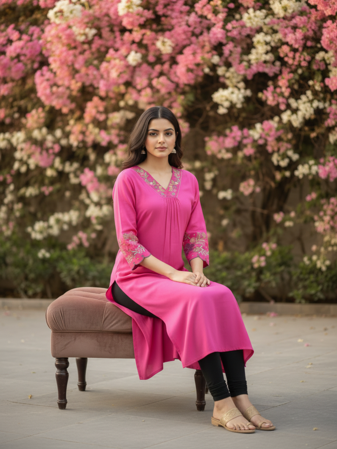 Solid Floral Embroidered Straight Kurta - Magenta