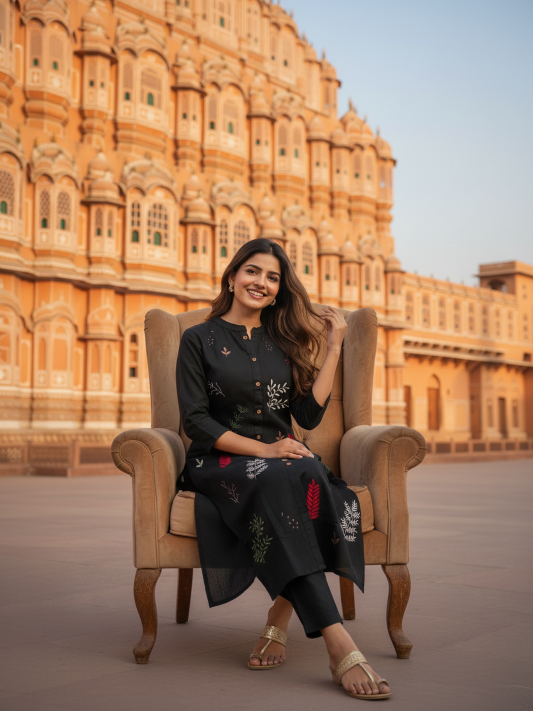 Solid Floral Embroidered A-Line Kurta with Palazzo - Black