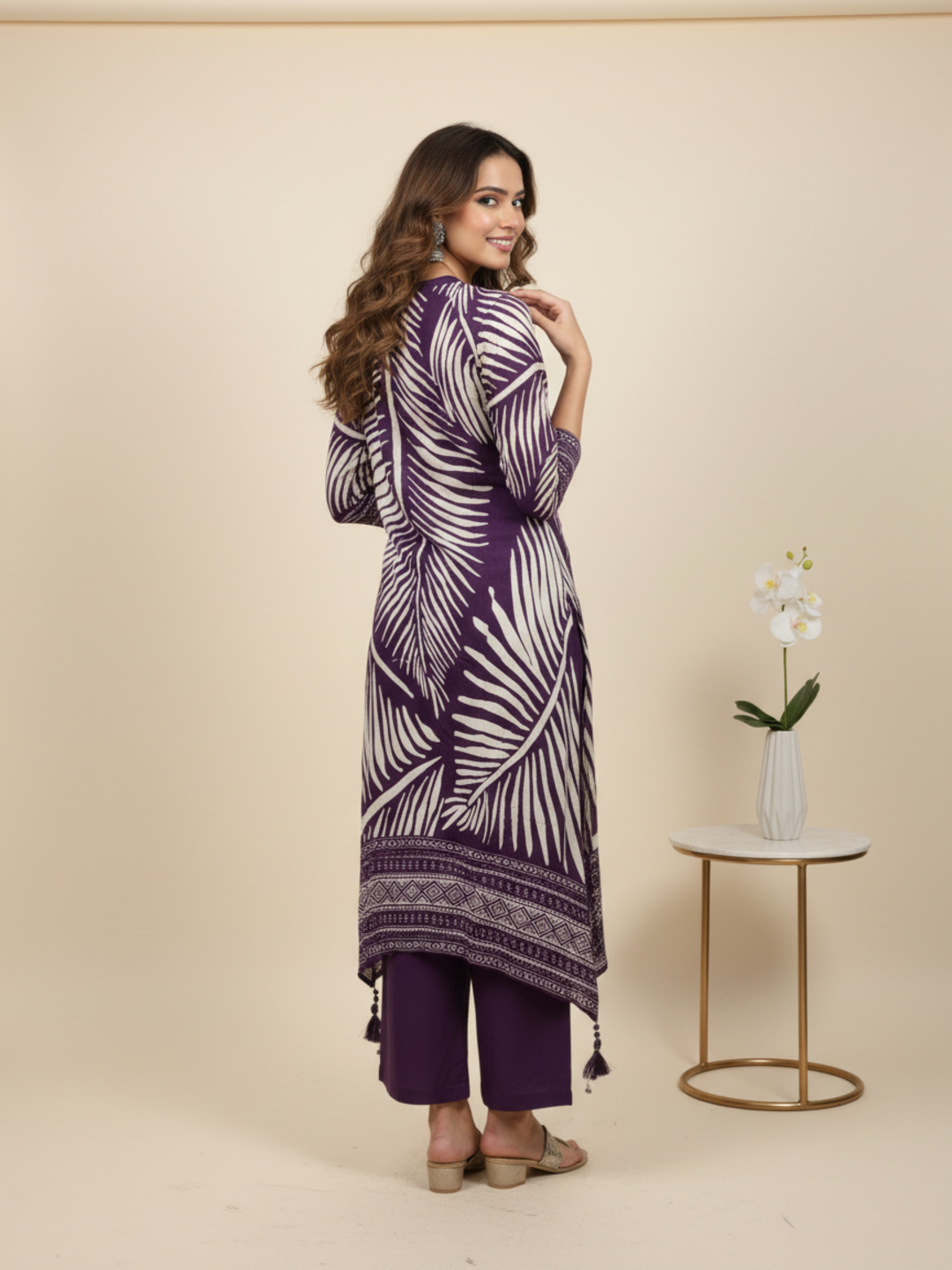Abstract Printed Asymmetric Kurta with Pyjama - Purple