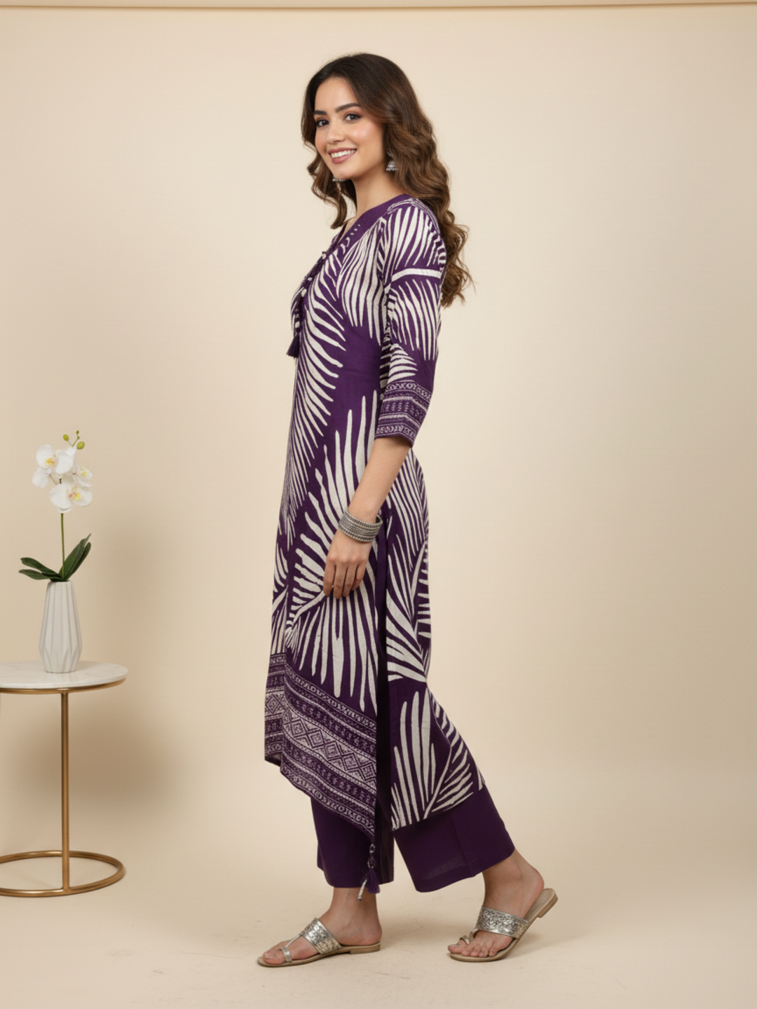 Abstract Printed Asymmetric Kurta with Pyjama - Purple