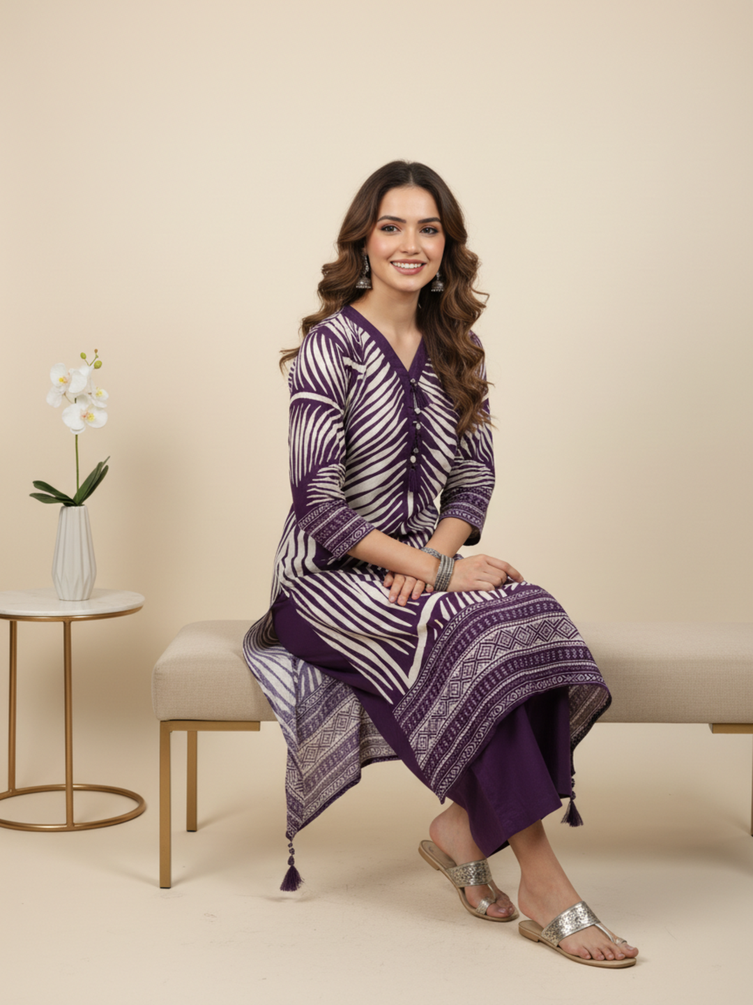 Abstract Printed Asymmetric Kurta with Pyjama - Purple