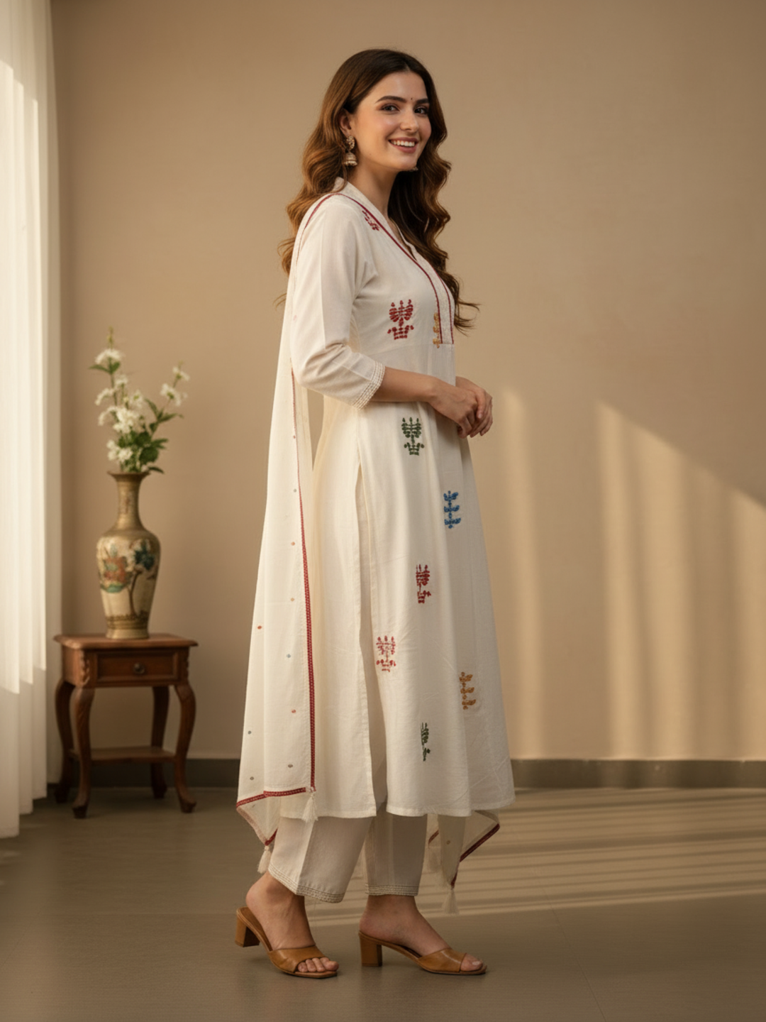 Solid Sequin & Embroidered Anarkali Kurta with Pyjama & Dupatta - White