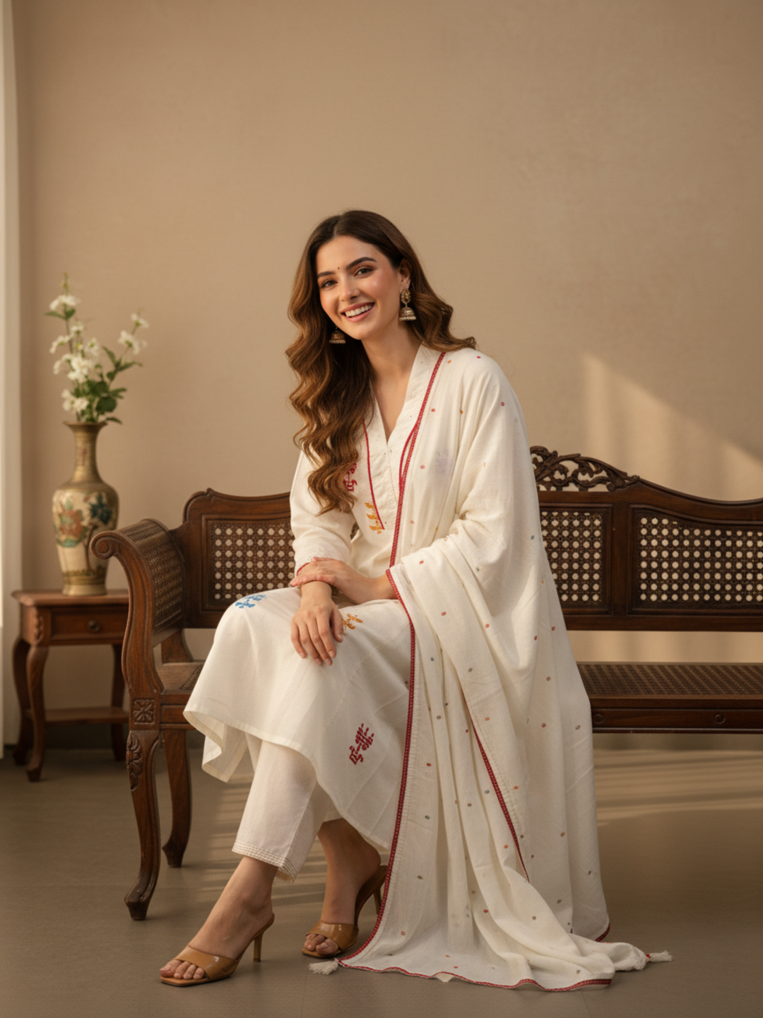 Solid Sequin & Embroidered Anarkali Kurta with Pyjama & Dupatta - White