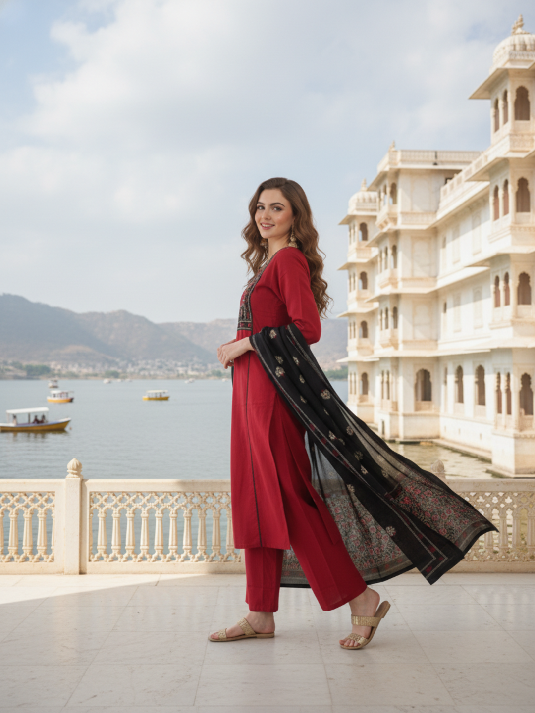 Solid Sequin Embellished A-Line Kurta with Pyjama & Dupatta - Maroon