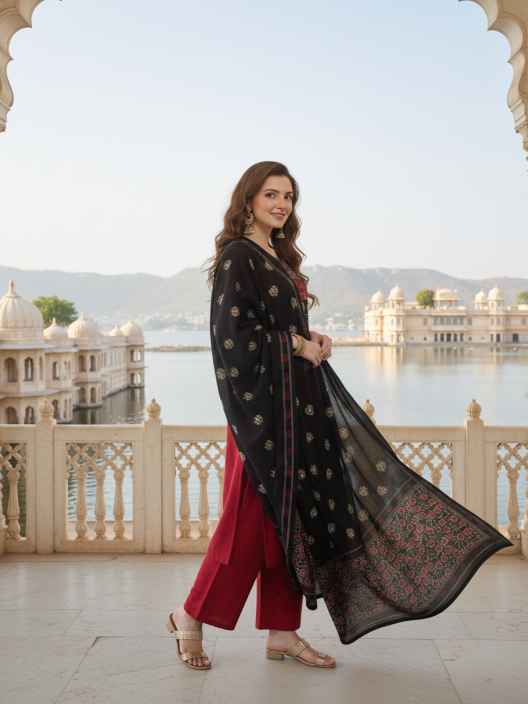 Solid Sequin Embellished A-Line Kurta with Pyjama & Dupatta - Maroon