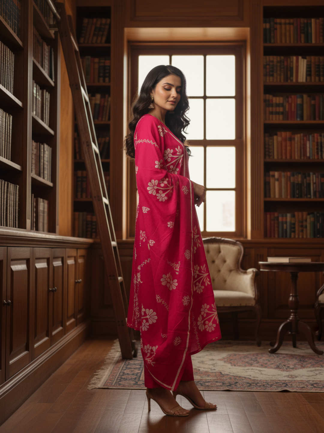 Floral & Ethnic Printed Embroidered Straight Kurta with Pyjama & Dupatta - Magenta