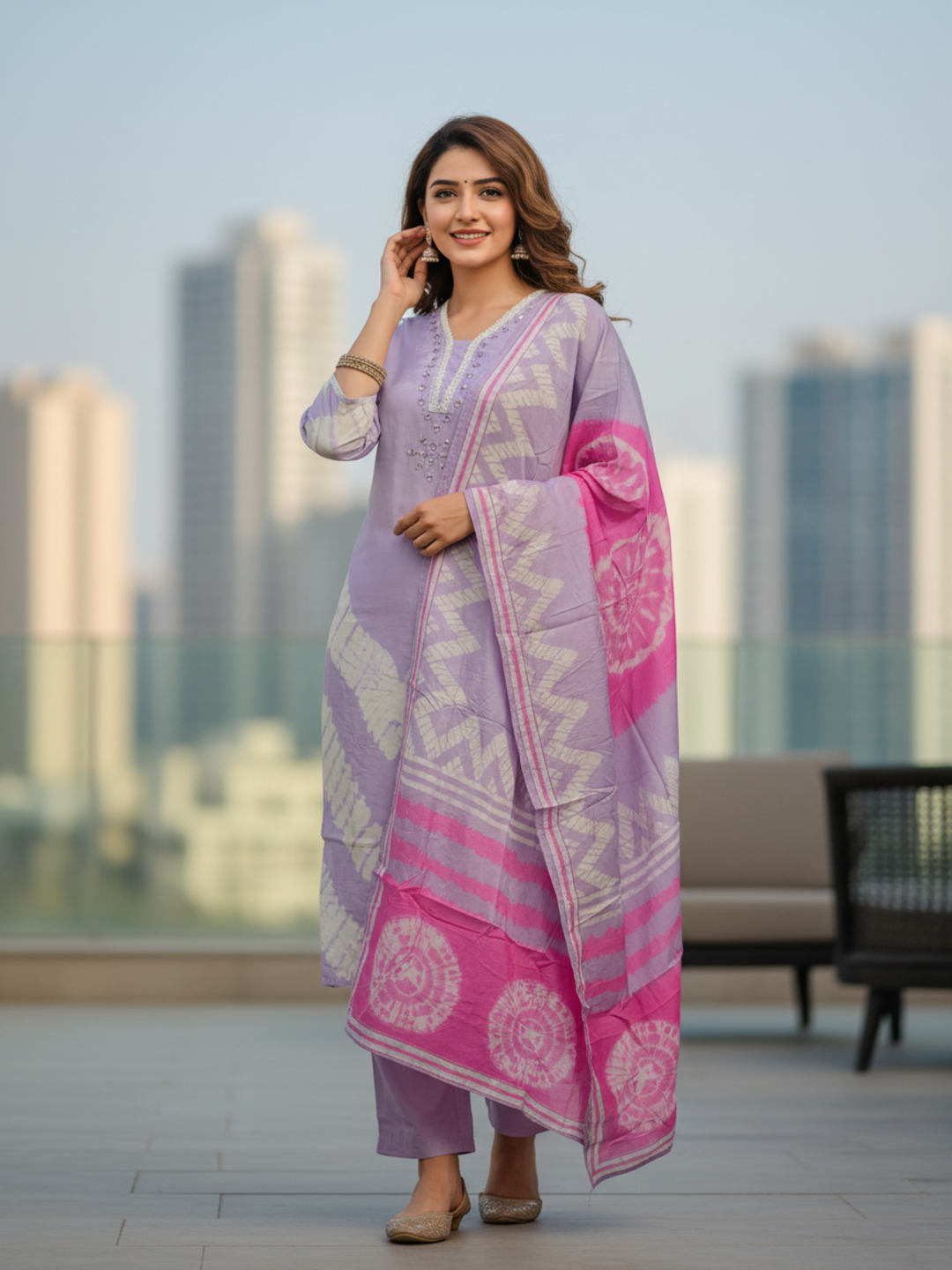 Lehariya Printed Mirror Work & Embroidered Straight Kurta with Pant & Dupatta - Lavender