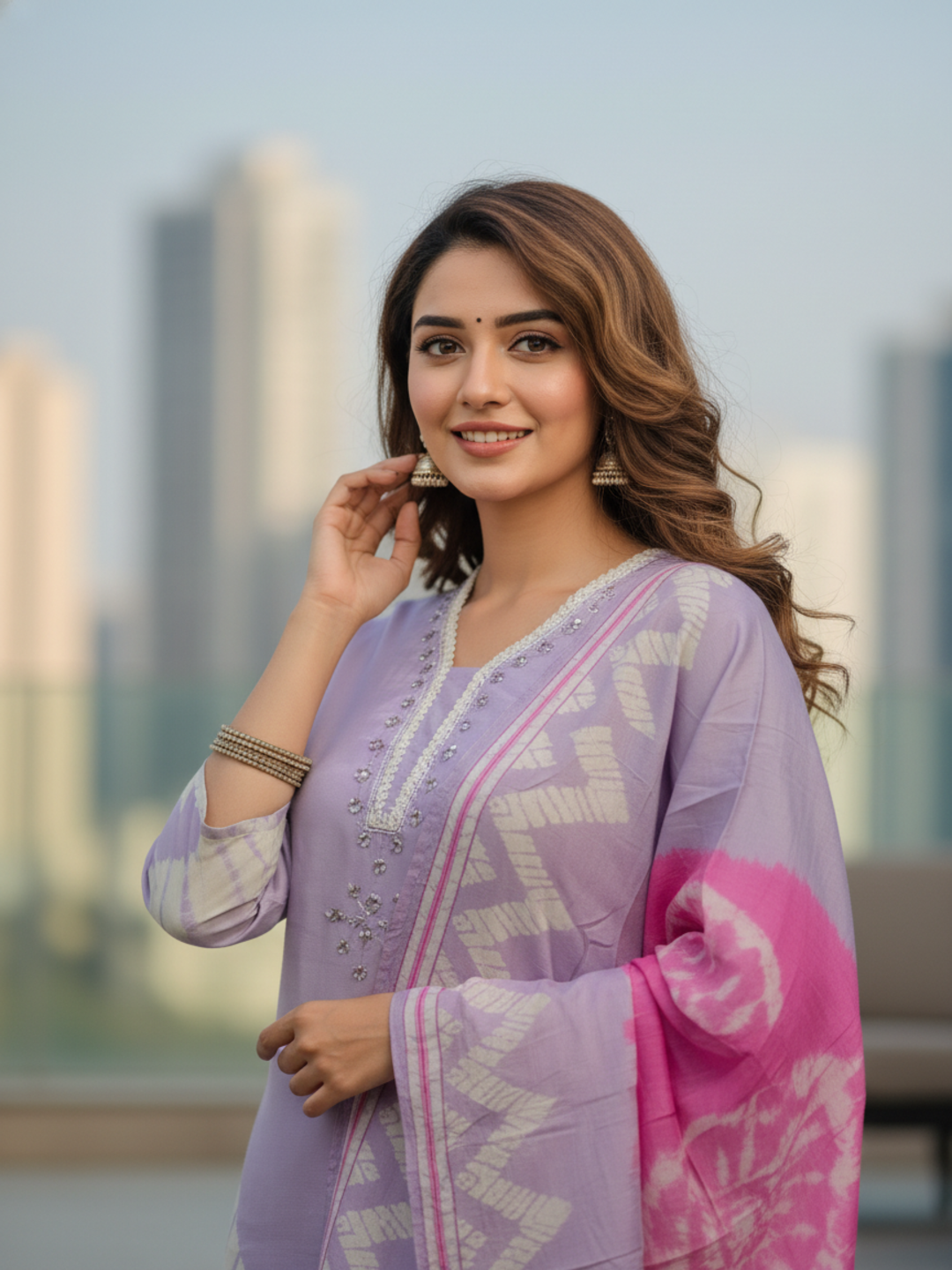 Lehariya Printed Mirror Work & Embroidered Straight Kurta with Pant & Dupatta - Lavender