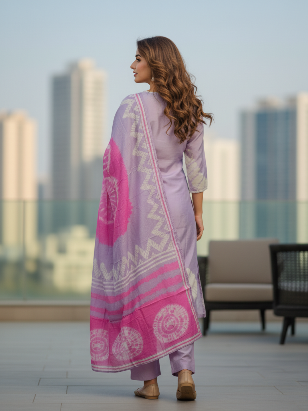 Lehariya Printed Mirror Work & Embroidered Straight Kurta with Pant & Dupatta - Lavender