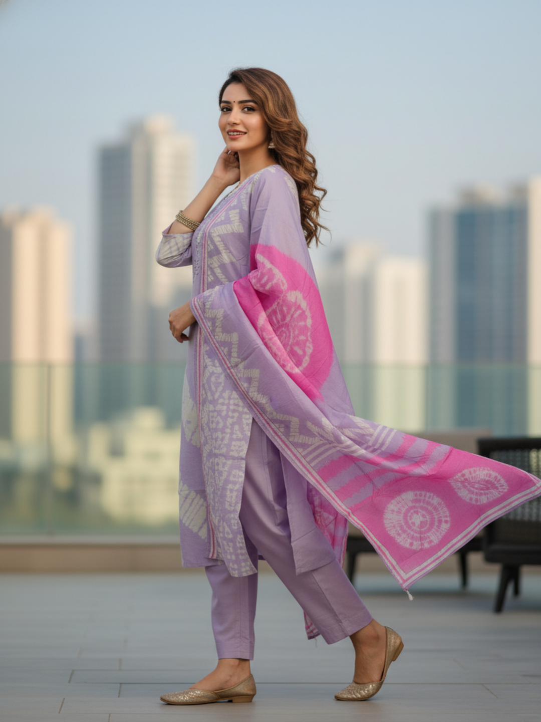Lehariya Printed Mirror Work & Embroidered Straight Kurta with Pant & Dupatta - Lavender