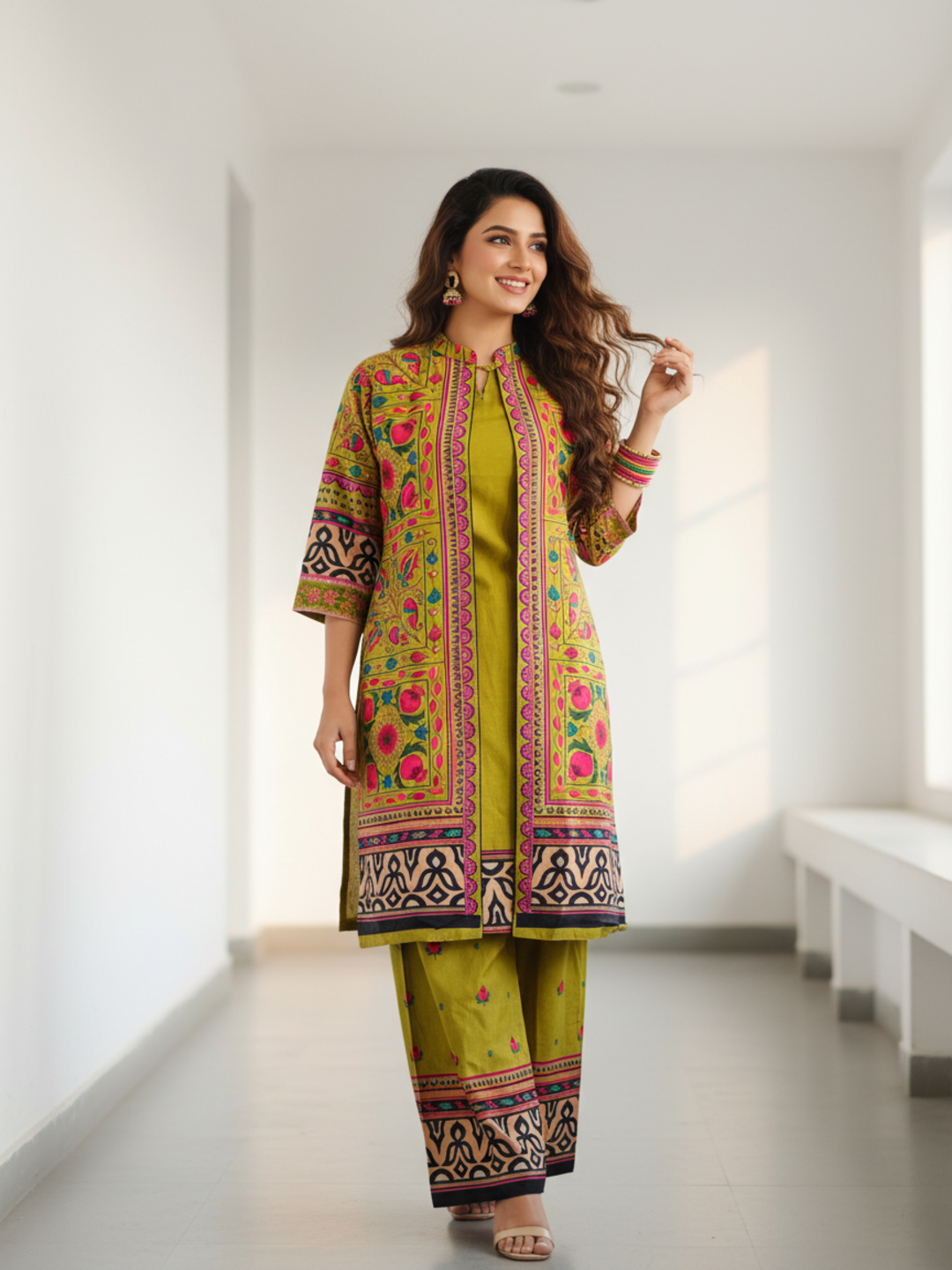 Ethnic Printed Sherwani-Inspired Layered Kurta with Palazzo - Olive