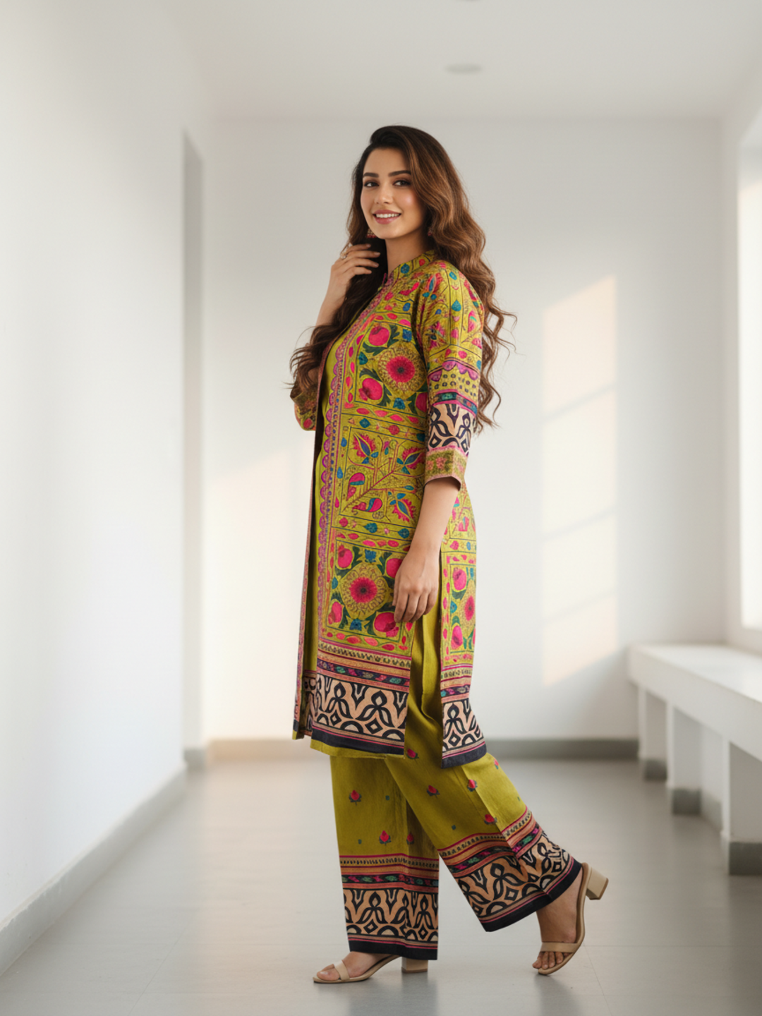 Ethnic Printed Sherwani-Inspired Layered Kurta with Palazzo - Olive