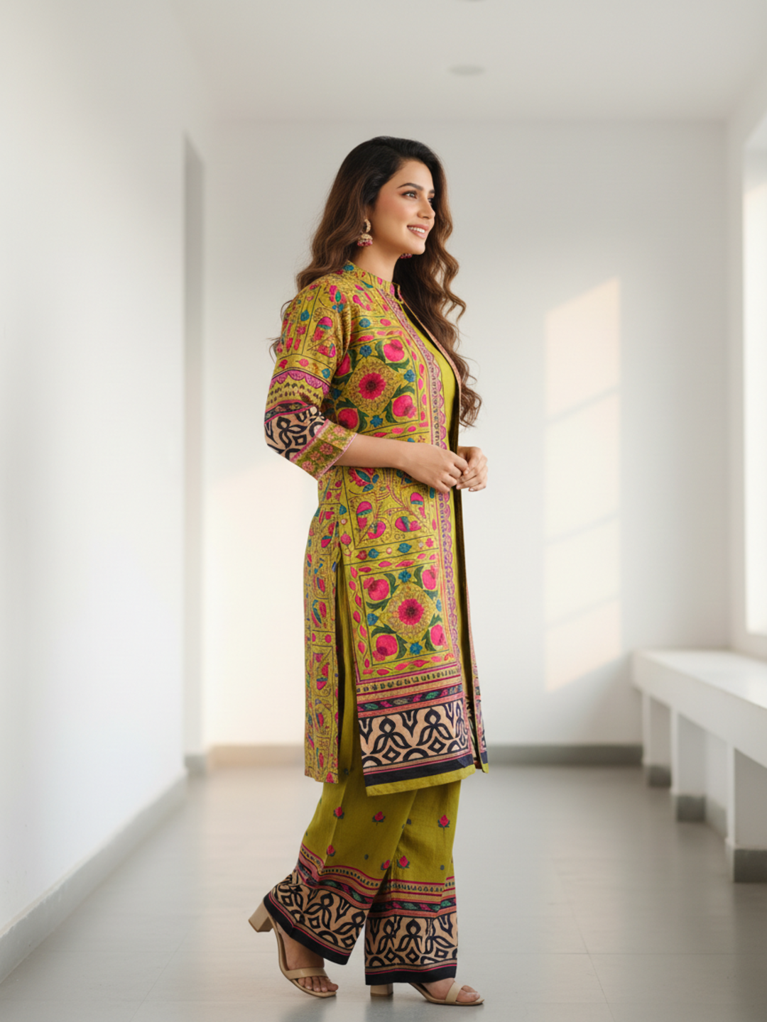 Ethnic Printed Sherwani-Inspired Layered Kurta with Palazzo - Olive