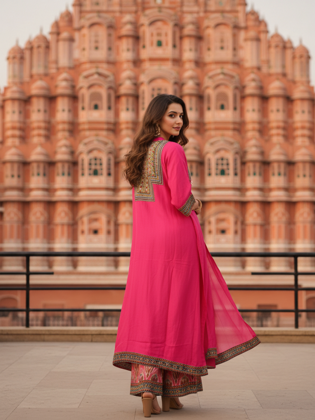 Embroidered Yoke Straight Kurta with Printed Palazzo - Rani Pink