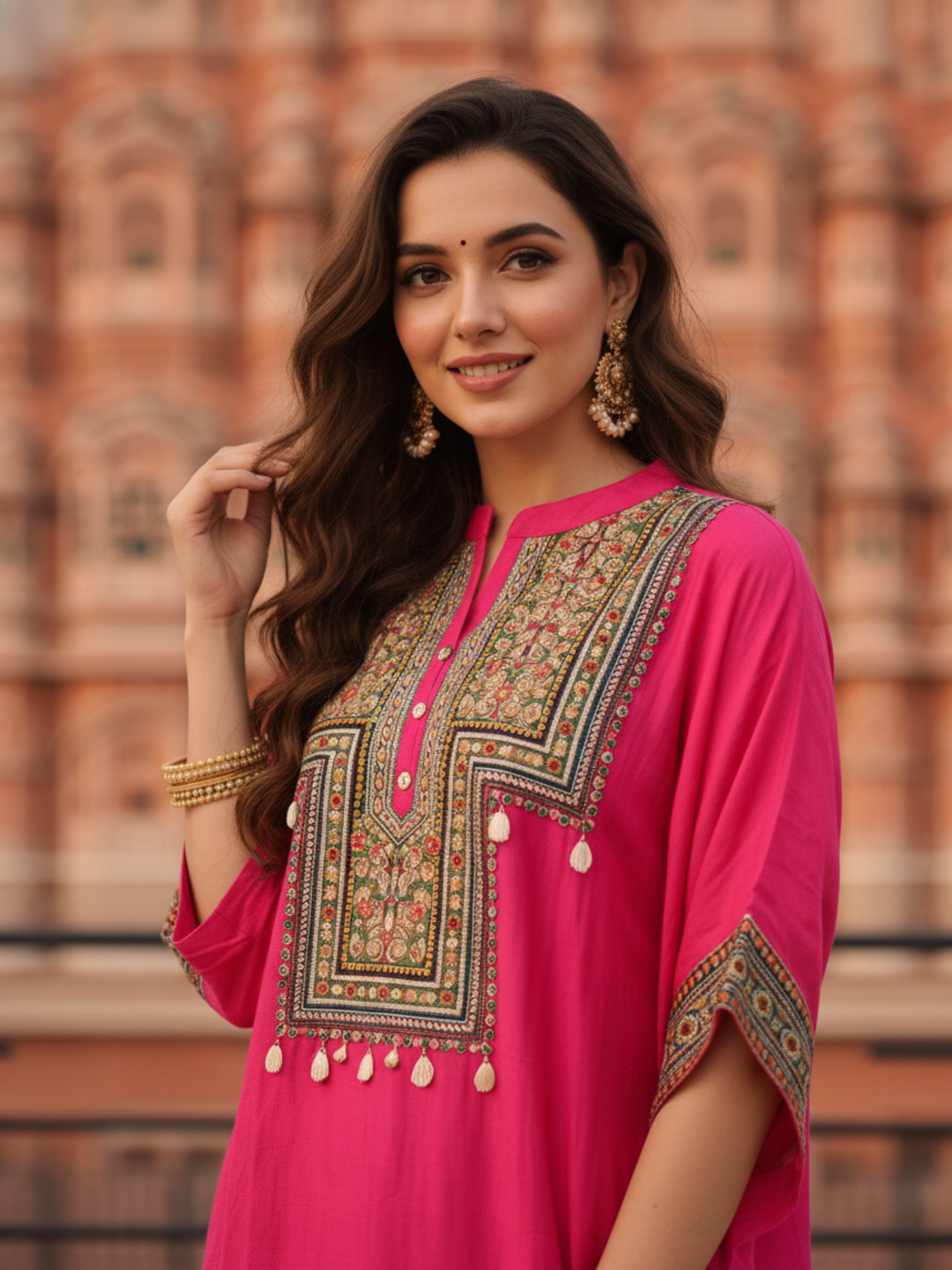 Embroidered Yoke Straight Kurta with Printed Palazzo - Rani Pink
