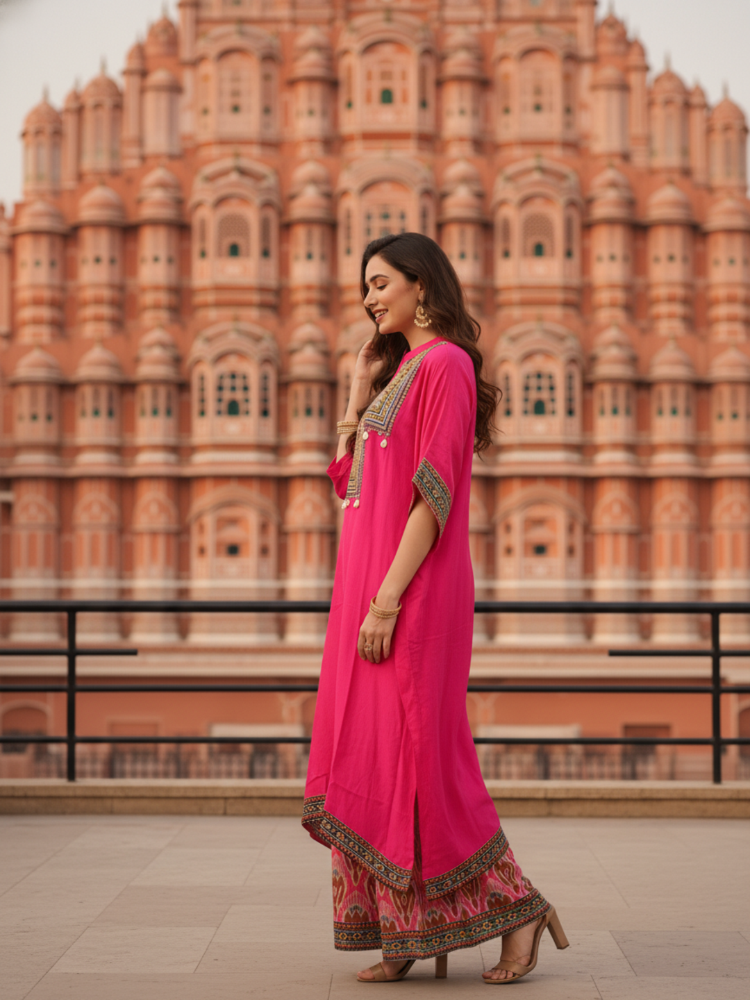 Embroidered Yoke Straight Kurta with Printed Palazzo - Rani Pink