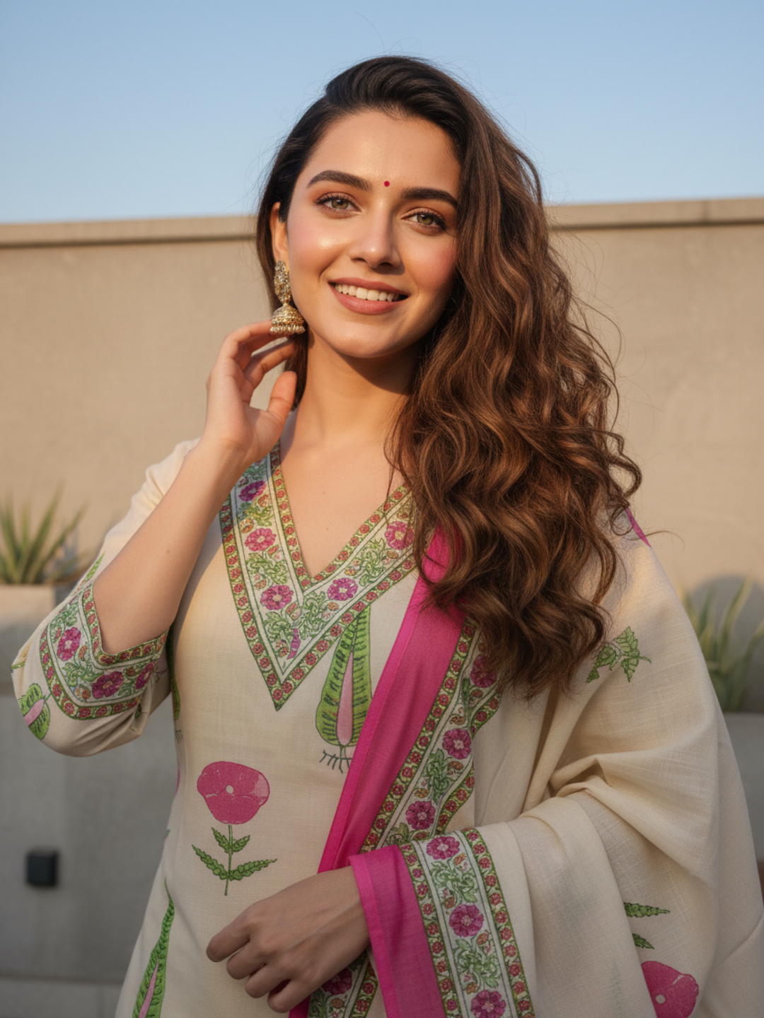 Mughal Ethnic Printed Sequin Embellished A-Line Kurta with Palazzo & Dupatta - Cream