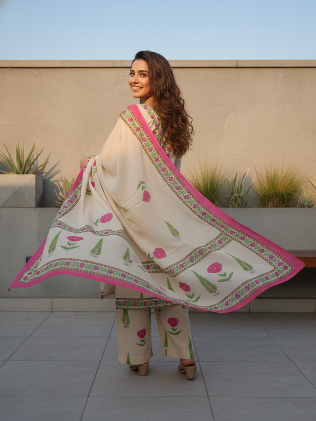 Mughal Ethnic Printed Sequin Embellished A-Line Kurta with Palazzo & Dupatta - Cream