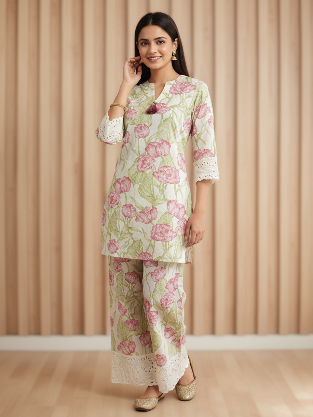 Floral Printed Lace Detailed Straight Kurta with Pant - Pastel Green