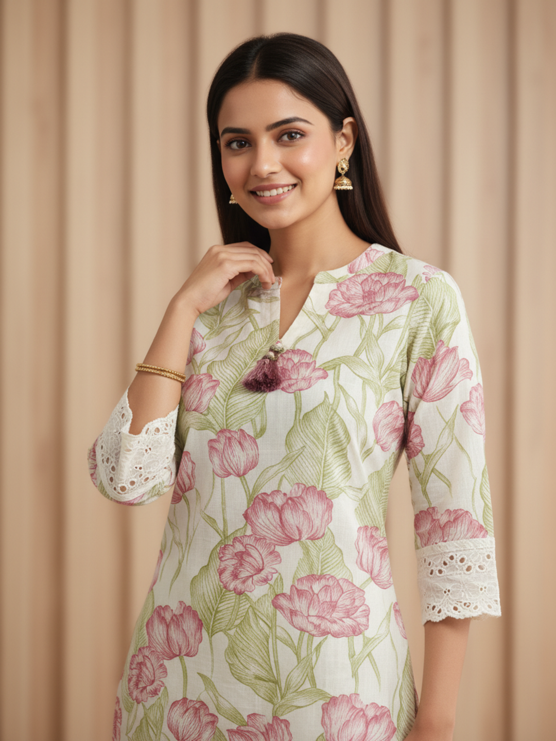 Floral Printed Lace Detailed Straight Kurta with Pant - Pastel Green