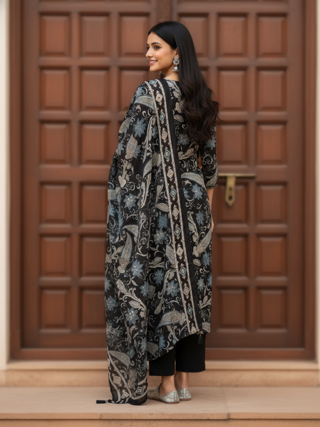 Ethnic Printed Mirror Work Straight Kurta with Palazzo & Dupatta - Black