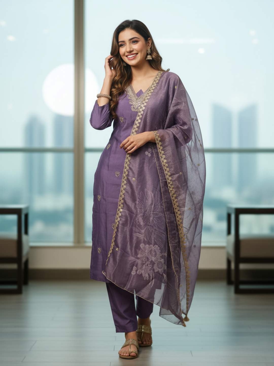 Solid Ethnic Embroidered Straight Kurta with Pant & Dupatta - Lavender