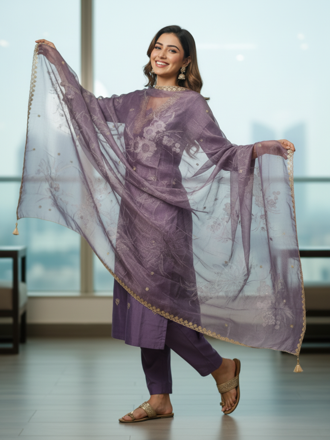 Solid Ethnic Embroidered Straight Kurta with Pant & Dupatta - Lavender