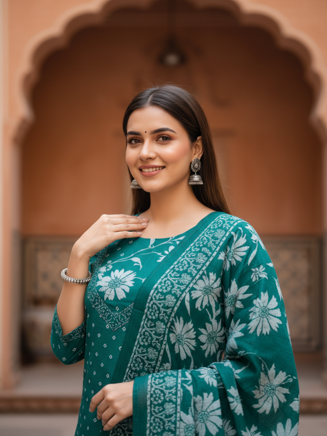 Floral & Bandhani Printed Sequin Embellished Straight Kurta with Palazzo & Dupatta - Teal