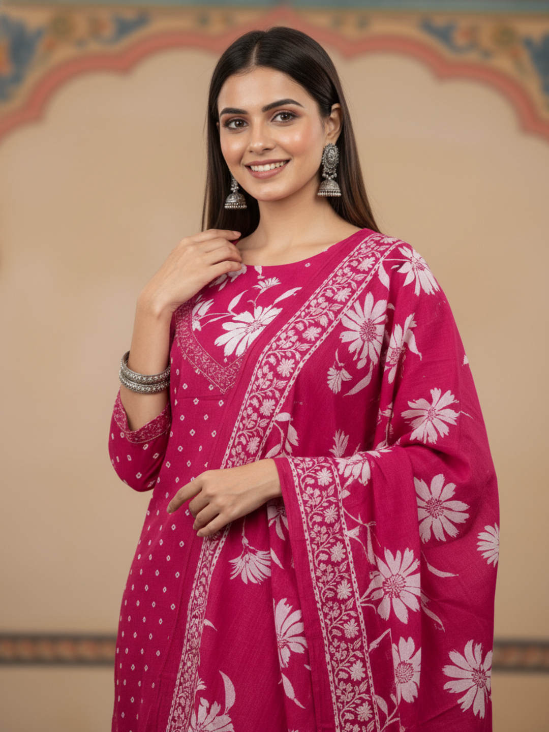 Floral & Bandhani Printed Sequin Embellished Straight Kurta with Palazzo & Dupatta - Rani Pink