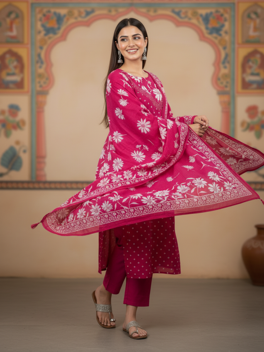 Floral & Bandhani Printed Sequin Embellished Straight Kurta with Palazzo & Dupatta - Rani Pink