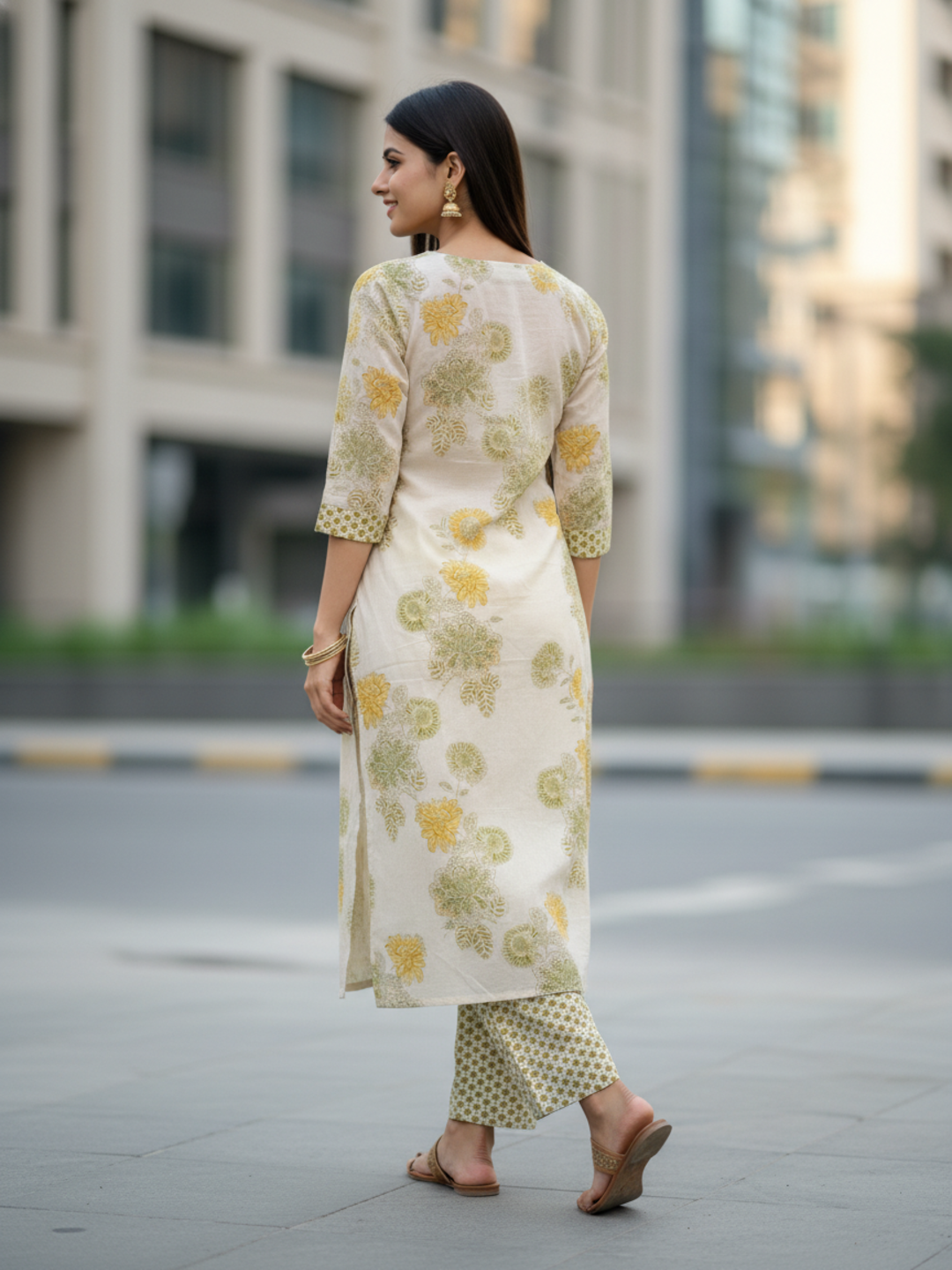 Ethnic Printed Straight Fit Kurta with Pant - Yellow