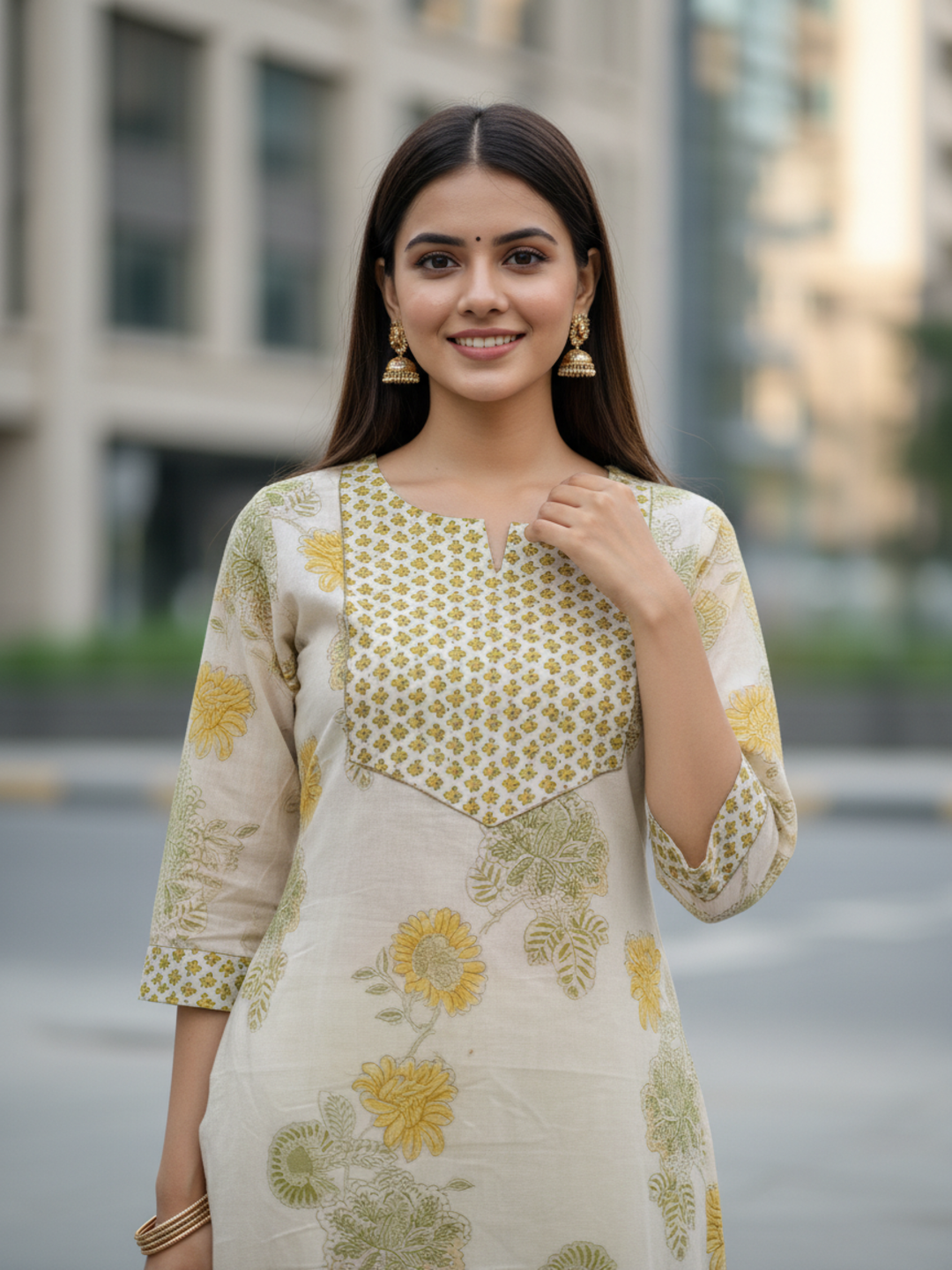 Ethnic Printed Straight Fit Kurta with Pant - Yellow