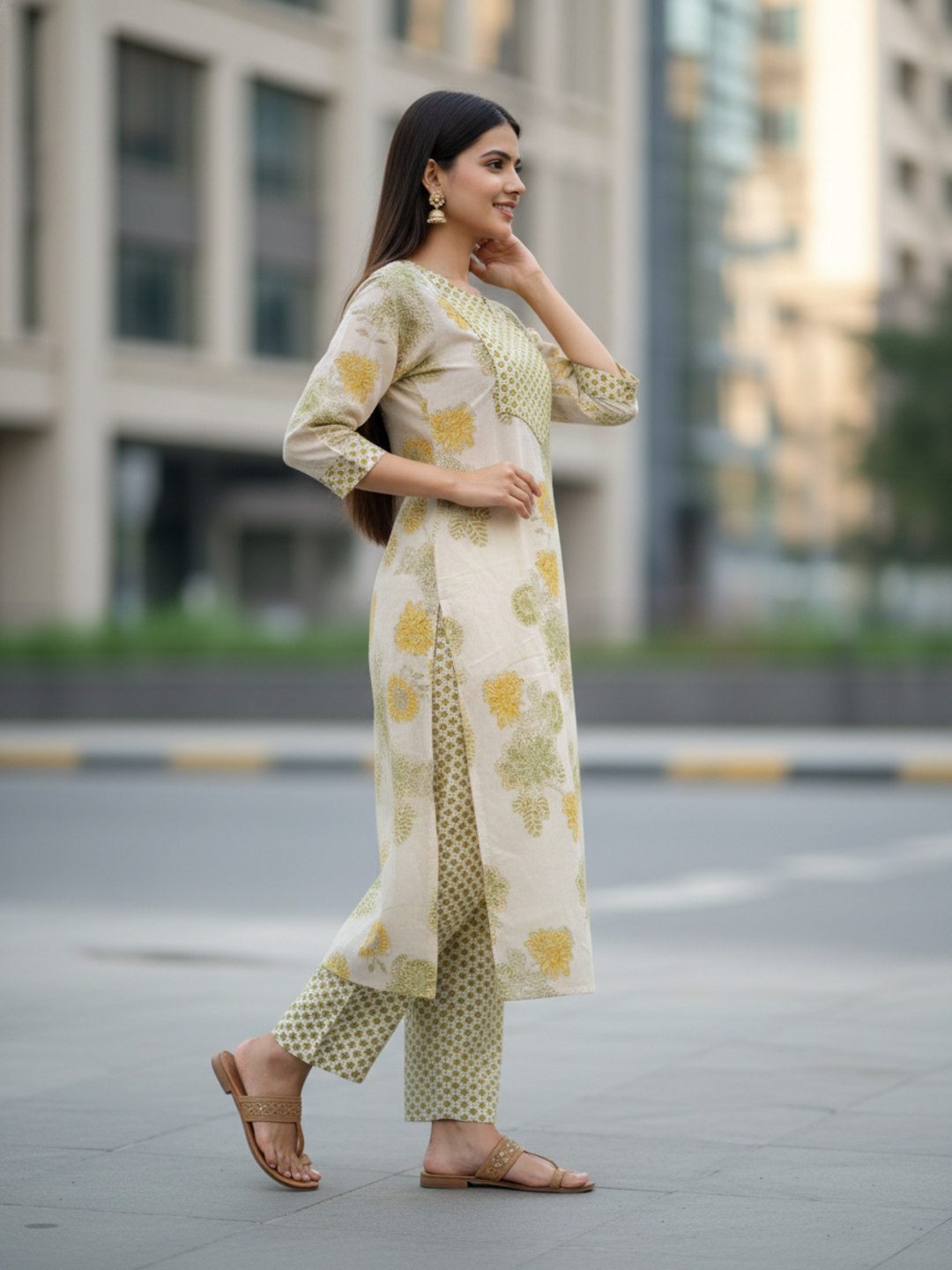 Ethnic Printed Straight Fit Kurta with Pant - Yellow