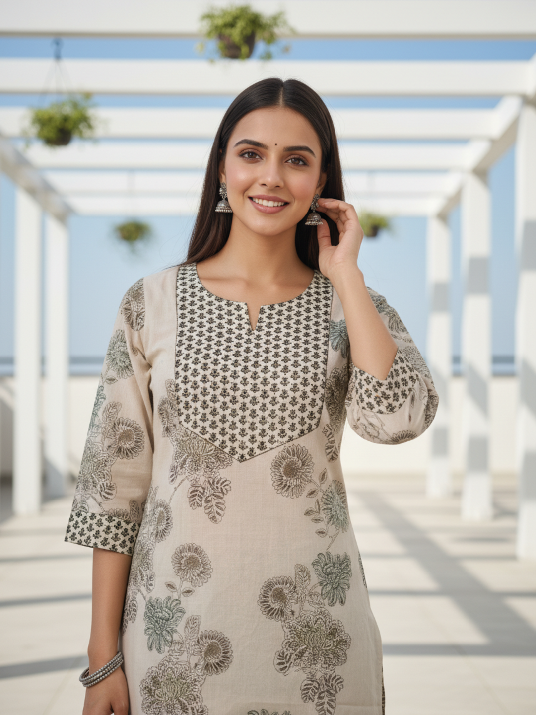 Ethnic Printed Straight Fit Kurta with Pant - Cream