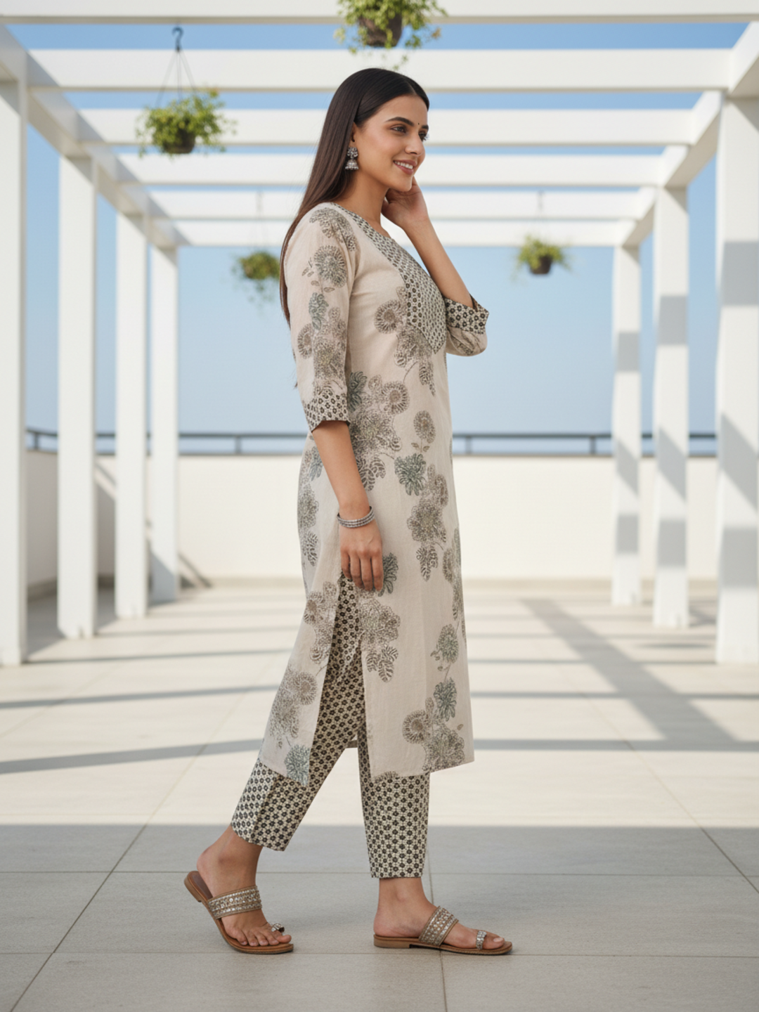 Ethnic Printed Straight Fit Kurta with Pant - Cream