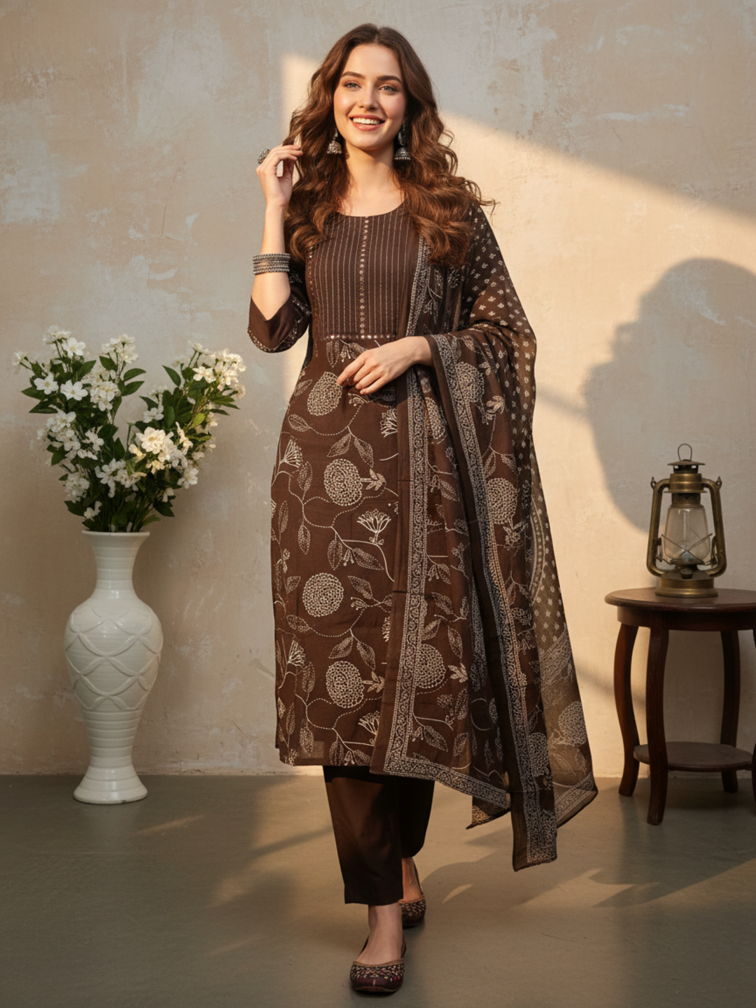 Floral Printed Embroidered Straight Kurta with Pant & Dupatta - Brown