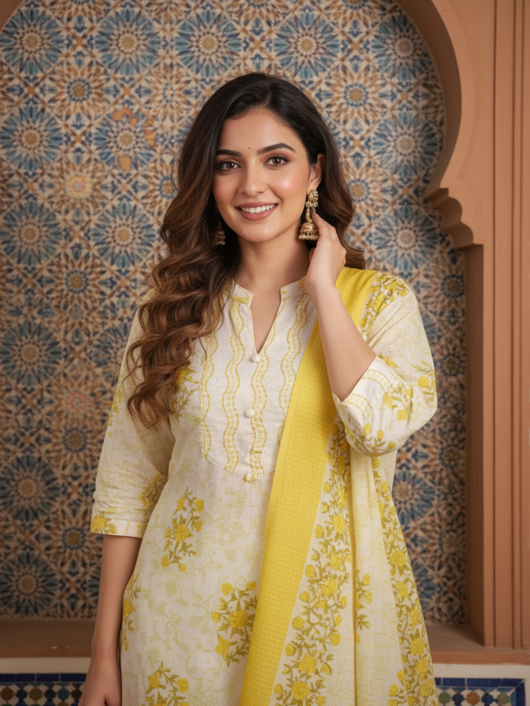 Ethnic Printed Straight Fit Kurta with Pant & Dupatta - Yellow
