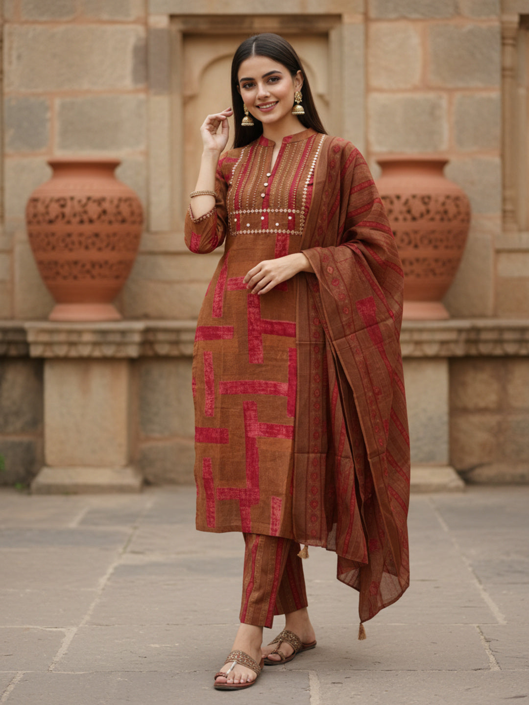 Stripes Printed Embroidered Straight Kurta with Pant & Dupatta - Brown
