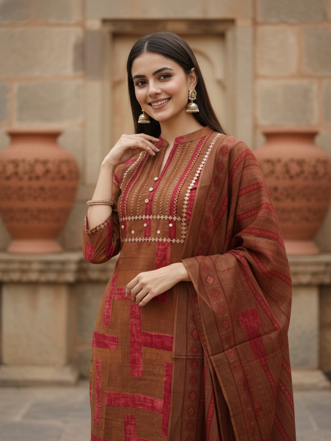 Stripes Printed Embroidered Straight Kurta with Pant & Dupatta - Brown