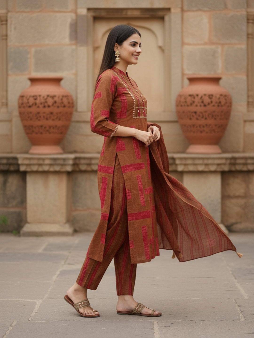 Stripes Printed Embroidered Straight Kurta with Pant & Dupatta - Brown