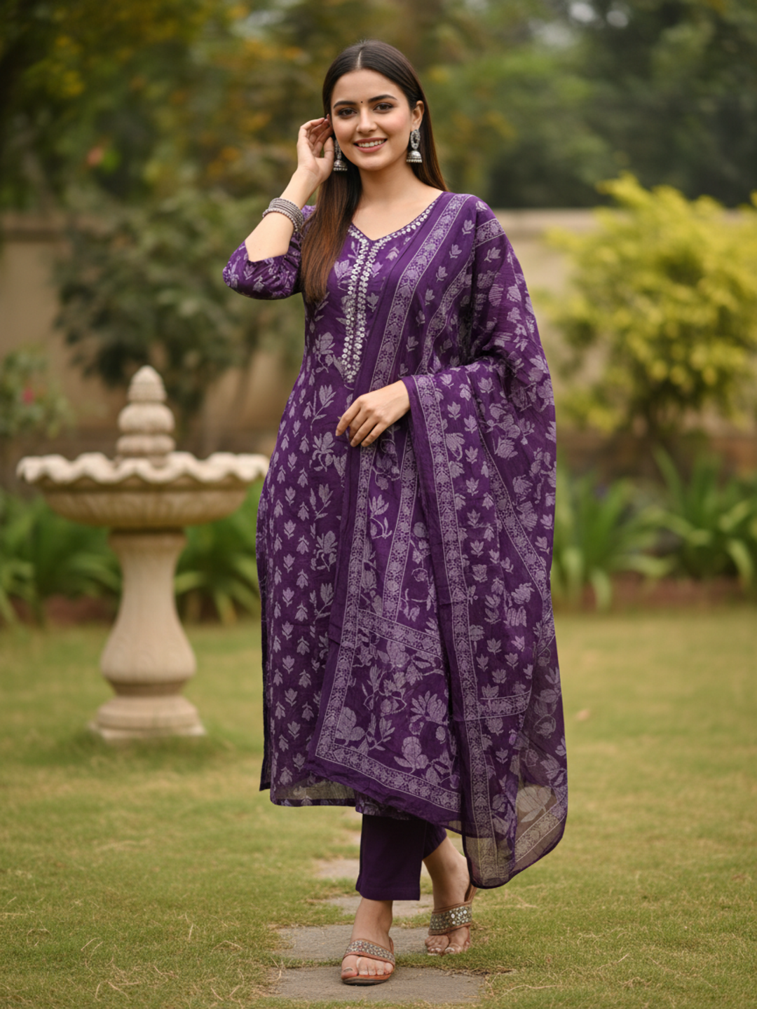 Floral Printed Mirror Work Anarkali Kurta with Pant & Dupatta - Purple
