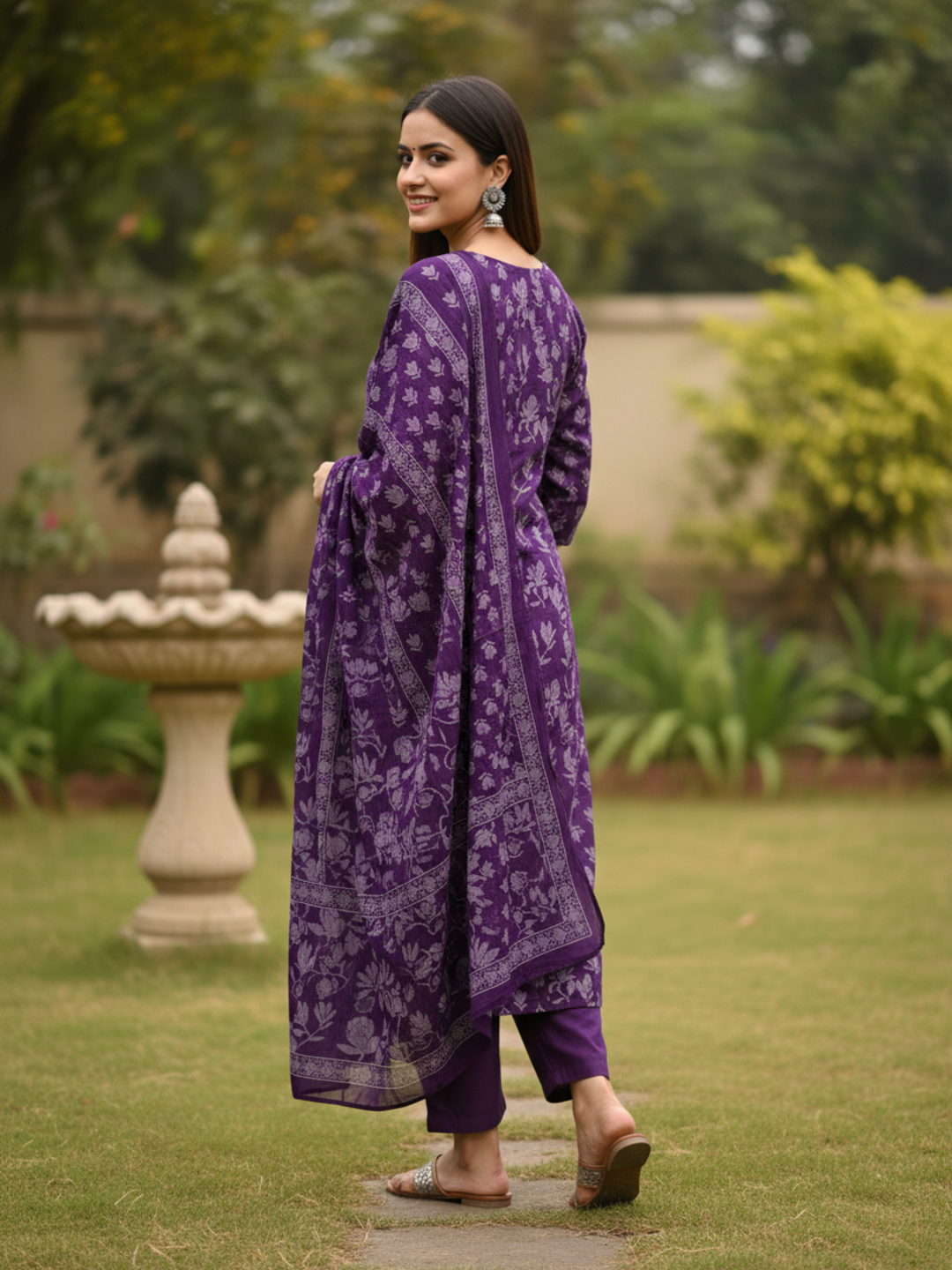Floral Printed Mirror Work Anarkali Kurta with Pant & Dupatta - Purple