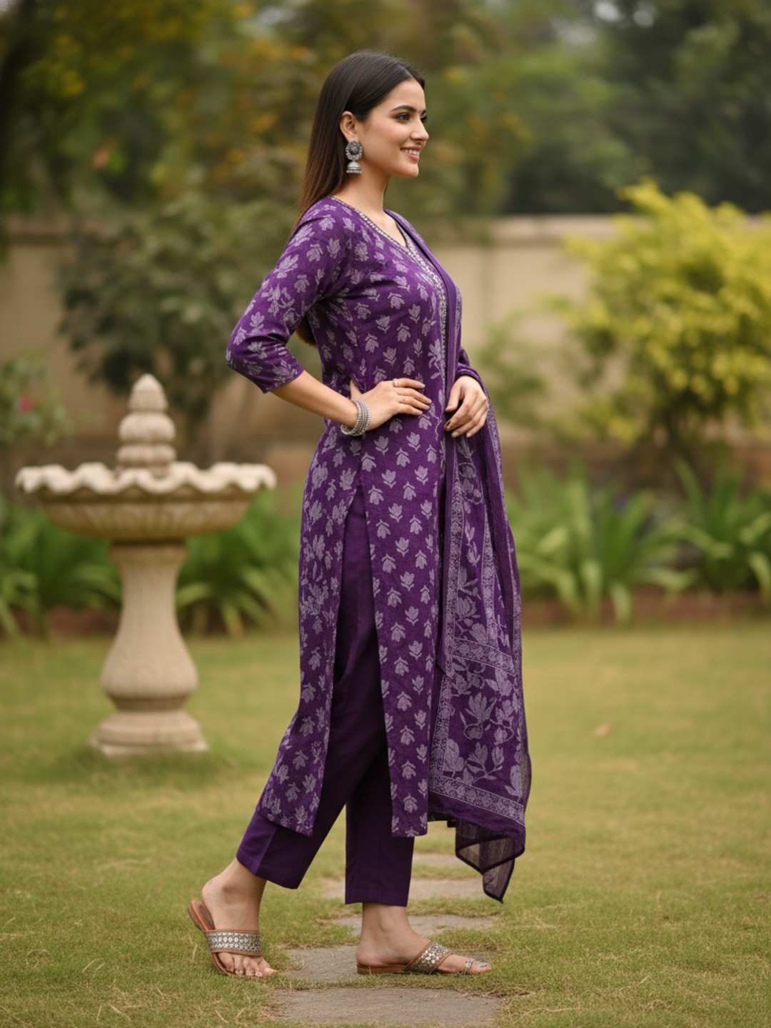 Floral Printed Mirror Work Anarkali Kurta with Pant & Dupatta - Purple